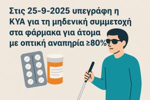 Μηδενική συμμετοχή στα φάρμακα για άτομα με οπτική αναπηρία άνω του 80% μόνο σε ότι αφορά την θεραπεία της οπτικής αναπηρίας.
